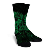 Hawaiian Map Hula Girl Hibiscus Kanaka Polynesian Crew Socks - Green - AH - Polynesian Pride