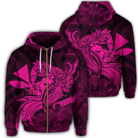 Hawaiian Map Hula Girl Hibiscus Kanaka Polynesian Zip Hoodie Pink Unisex Art - Polynesian Pride