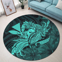 Hawaiian Map Hula Girl Hibiscus Kanaka Polynesian Round Carpet - Turquoise - AH - Polynesian Pride