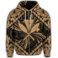 Hawaiian Map Kanaka Hibiscus Gold Polynesian Zip Hoodie - Polynesian Pride