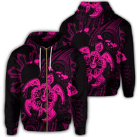 Hawaiian Map Kanaka Hibiscus Turtle Pink Polynesian Zip Hoodie Unisex Art - Polynesian Pride