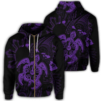 Hawaiian Map Kanaka Hibiscus Turtle Purple Polynesian Zip Hoodie Unisex Art - Polynesian Pride