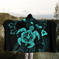 Hawaiian Map Kanaka Hibiscus Turtle Turquoise Polynesian Hooded Blanket - AH - Polynesian Pride