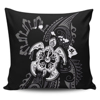 Hawaiian Map Kanaka Hibiscus Turtle White Polynesian Pillow Covers - AH Pillow Covers Black - Polynesian Pride