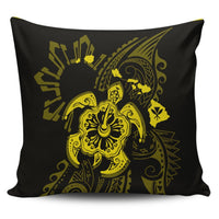 Hawaiian Map Kanaka Hibiscus Turtle Yellow Polynesian Pillow Covers - AH Pillow Covers Black - Polynesian Pride