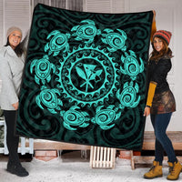 Hawaiian Map Kanaka Turtles Circle Style Turquoise Polynesian Premium Quilts - AH - Polynesian Pride