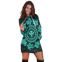 Hawaiian Map Kanaka Turtles Circle Style Turquoise Polynesian Hoodie Dress - AH - Polynesian Pride