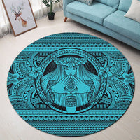 Hawaiian Map Madame Pele Mauna Kea Plumeria Polynesian Round Carpet Blue AH - Polynesian Pride