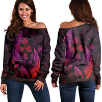 Hawaiian Map Palm Trees Fish Hook Polynesian Women's Off Shoulder Sweater Colorful Red - AH Black - Polynesian Pride