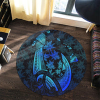 Hawaiian Map Palm Trees Fish Hook Polynesian Quilt Round Carpet Colorful Blue - AH - Polynesian Pride