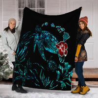 Hawaiian Map Turtle Hibiscus Ohana Honu Paua Shell Premium Blankets - AH - Polynesian Pride