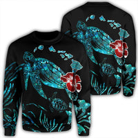 Hawaiian Map Turtle Hibiscus Ohana Honu Paua Shell Sweatshirt - AH Unisex Black - Polynesian Pride