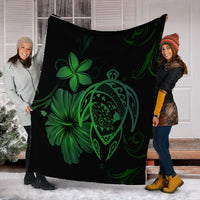 Hawaiian Map Turtle Hibiscus Plumeria Polynesian Premium Blankets - Green - AH - Polynesian Pride