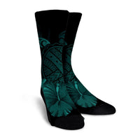 Hawaiian Map Turtle Hibiscus Polynesian Crew Socks - Turquoise - AH - Polynesian Pride