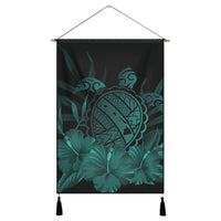 Hawaiian Map Turtle Hibiscus Polynesian Hanging Poster - Turquoise - AH Hanging Poster Cotton And Linen - Polynesian Pride