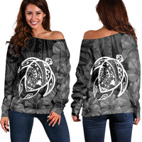 Hawaiian Map Turtle Kanaka Hibiscus Polynesian Women's Off Shoulder Sweater - White - AH Black - Polynesian Pride