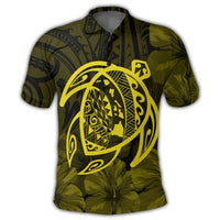 Hawaiian Map Turtle Kanaka Hibiscus Polynesian Polo Shirt Yellow - Polynesian Pride