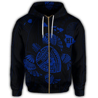 Hawaiian Map Turtle Ohana Hibicus Polynesian Zip Hoodie Blue - Polynesian Pride