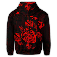 Hawaiian Map Turtle Ohana Hibicus Polynesian Zip Hoodie Red - Polynesian Pride