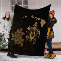Hawaiian Map Turtle Plumeria Hibiscus Fish Hook Polynesian Premium Blankets Gold - AH - Polynesian Pride