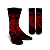 Hawaiian Map Turtle Tattoo Hibiscus Plumeria Polynesian Crew Socks - Red - AH Crew Socks White - Polynesian Pride