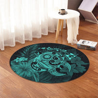 Hawaiian Map Turtle Tattoo Hibiscus Plumeria Polynesian Round Carpet - Turquoise - AH - Polynesian Pride