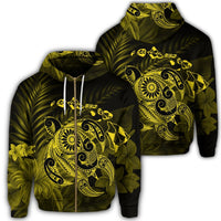 Hawaiian Map Turtle Tattoo Hibiscus Plumeria Polynesian Zip Hoodie Yellow Unisex Art - Polynesian Pride
