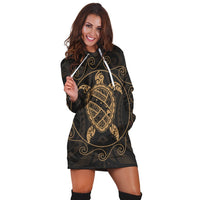 Hawaiian Map Turtle Wave Polynesian Hoodie Dress Gold - AH - Polynesian Pride