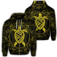 Hawaiian Map Turtle Wave Polynesian Zip Hoodie Yellow Unisex Art - Polynesian Pride