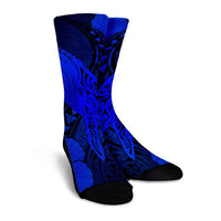 Hawaiian Map Whale Swim Hibiscus Polynesian Crew Socks - Blue - AH - Polynesian Pride
