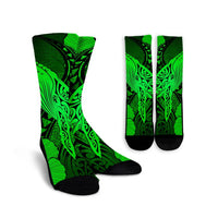 Hawaiian Map Whale Swim Hibiscus Polynesian Crew Socks - Green - AH Crew Socks White - Polynesian Pride
