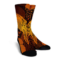 Hawaiian Map Whale Swim Hibiscus Polynesian Crew Socks - Orange - AH - Polynesian Pride