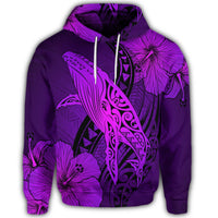 Hawaiian Map Whale Swim Hibiscus Polynesian Hoodie Purple - Polynesian Pride