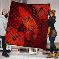 Hawaiian Map Whale Swim Hibiscus Polynesian Premium Quilts - Red - AH - Polynesian Pride