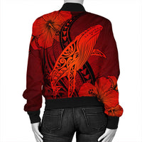 Hawaiian Map Whale Swim Hibiscus Polynesian Bomber Jacket - Red - AH - Polynesian Pride