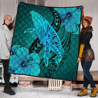 Hawaiian Map Whale Swim Hibiscus Polynesian Premium Quilts - Turquoise - AH - Polynesian Pride