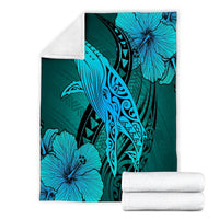 Hawaiian Map Whale Swim Hibiscus Polynesian Premium Blankets - Turquoise - AH - Polynesian Pride