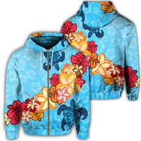 Hawaiian Ocean Turtle Plumeria and Hibiscus Polynesian Zip Hoodie Unisex Art - Polynesian Pride