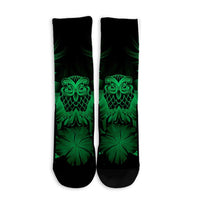 Hawaiian Owl Hibiscus Plumeria Polynesian Crew Socks - Green - AH - Polynesian Pride