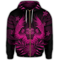 Hawaiian Owl Hibiscus Plumeria Polynesian Zip Hoodie Pink - Polynesian Pride