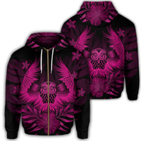 Hawaiian Owl Hibiscus Plumeria Polynesian Zip Hoodie Pink Unisex Art - Polynesian Pride