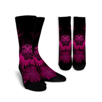 Hawaiian Owl Hibiscus Plumeria Polynesian Crew Socks - Pink - AH Crew Socks White - Polynesian Pride