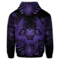 Hawaiian Owl Hibiscus Plumeria Polynesian Zip Hoodie Purple - Polynesian Pride