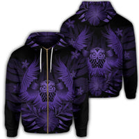Hawaiian Owl Hibiscus Plumeria Polynesian Zip Hoodie Purple Unisex Art - Polynesian Pride