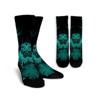 Hawaiian Owl Hibiscus Plumeria Polynesian Crew Socks - Turquoise - AH Crew Socks White - Polynesian Pride