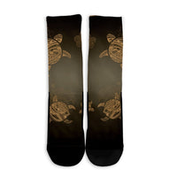 Hawaiian Plumeria Hibiscus Turtle Under Sea Polynesian Crew Socks Gold AH - Polynesian Pride