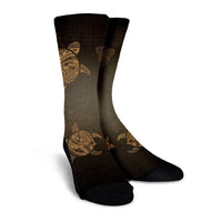Hawaiian Plumeria Hibiscus Turtle Under Sea Polynesian Crew Socks Gold AH - Polynesian Pride