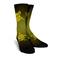 Hawaiian Plumeria Hibiscus Turtle Under Sea Polynesian Crew Socks Yellow AH - Polynesian Pride