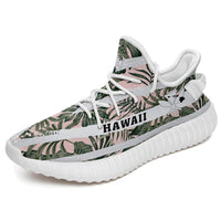 Hawaiian Sneakers YZ Tropical Dark Green Leaves Seamless Pattern White Stripes Pink Background White - Polynesian Pride
