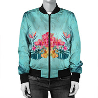 Hawaiian Tropical Strelitzia Hibiscus Plumeria Centre Bomber Jacket - AH - Polynesian Pride